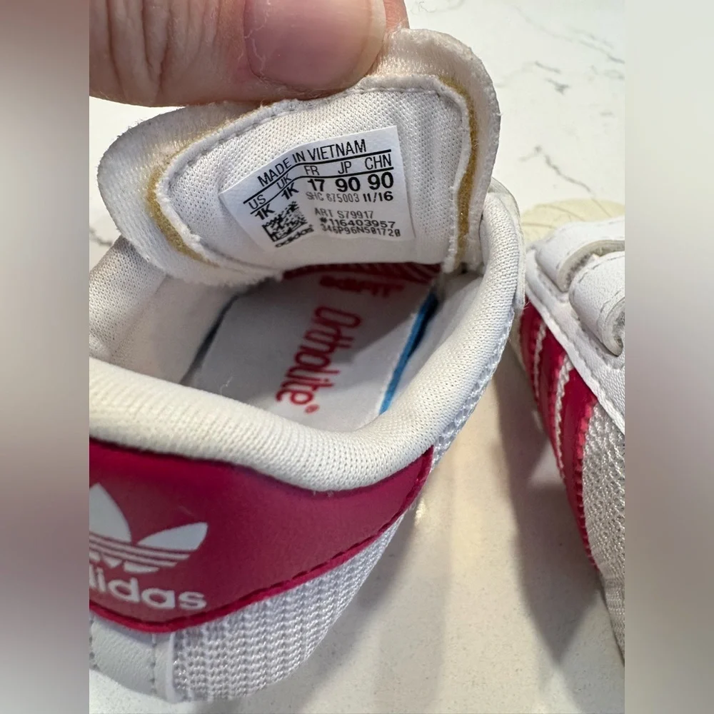 Adidas Superstar crib shoe white and pink size 1K